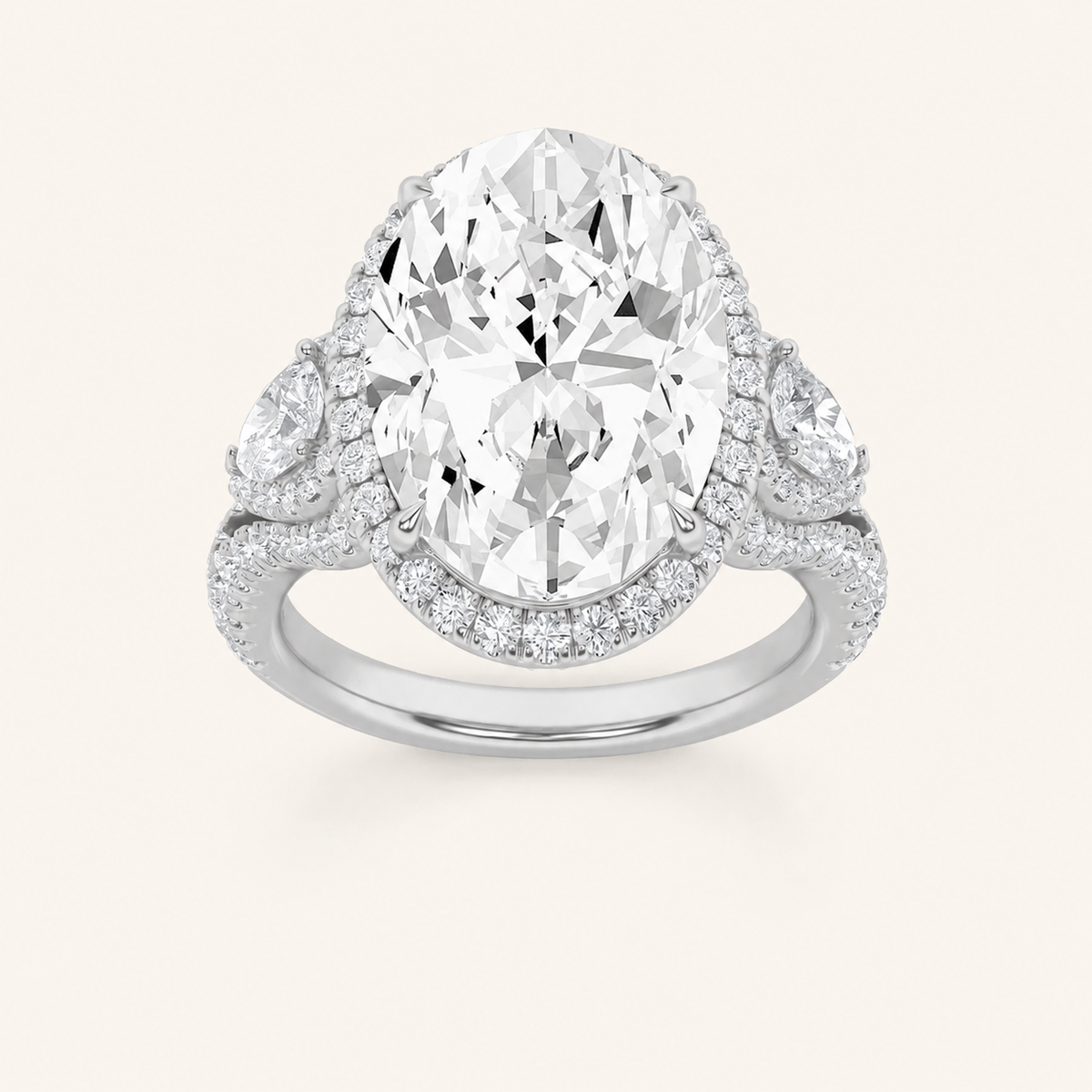 7.25CT Oval Cut Lab Grown Diamond Bold Accented Halo Three Stone Ring