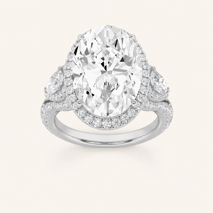 7.25CT Oval Cut Lab Grown Diamond Bold Accented Halo Three Stone Ring