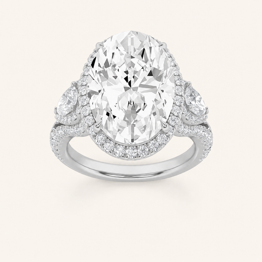 7.25CT Oval Cut Lab Grown Diamond Bold Accented Halo Three Stone Ring