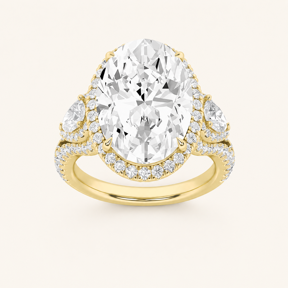 7.25CT Oval Cut Lab Grown Diamond Bold Accented Halo Three Stone Ring