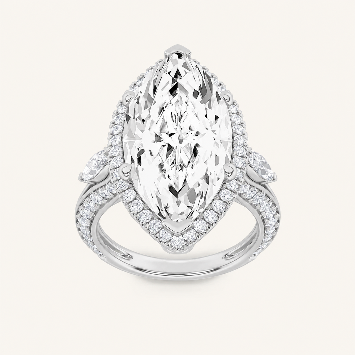 9CT Marquise Cut Lab Grown Diamond Bold Statement Halo Three stone  Ring