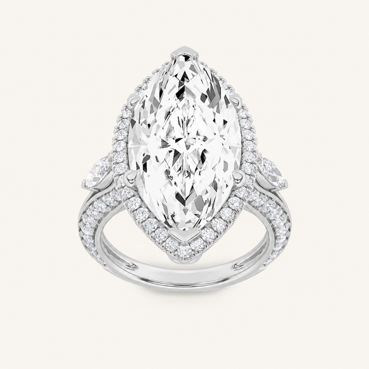 9CT Marquise Cut Lab Grown Diamond Bold Statement Halo Three stone  Ring