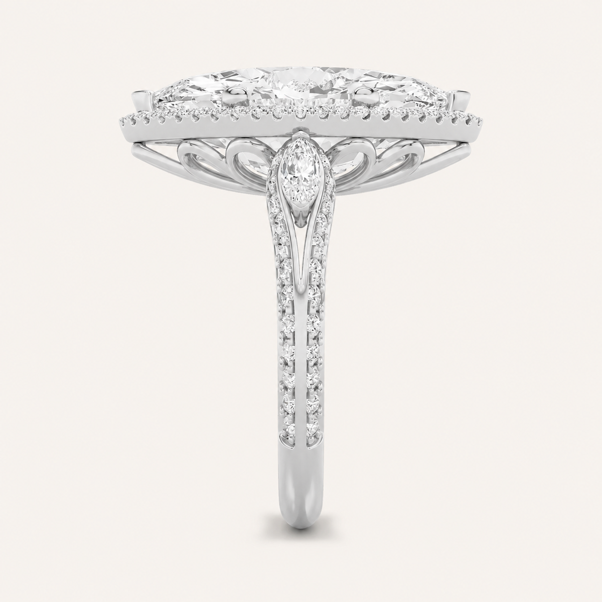 9CT Marquise Cut Lab Grown Diamond Bold Statement Halo Three stone  Ring