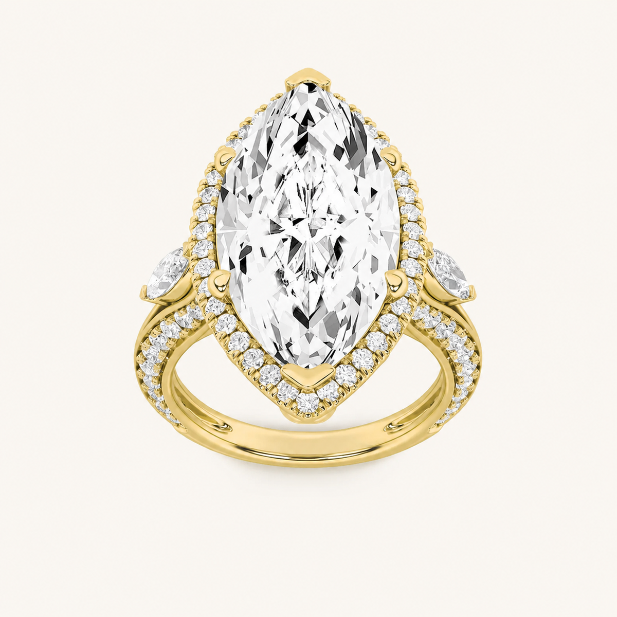 9CT Marquise Cut Lab Grown Diamond Bold Statement Halo Three stone  Ring