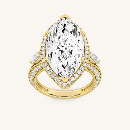 9CT Marquise Cut Lab Grown Diamond Bold Statement Halo Three stone  Ring