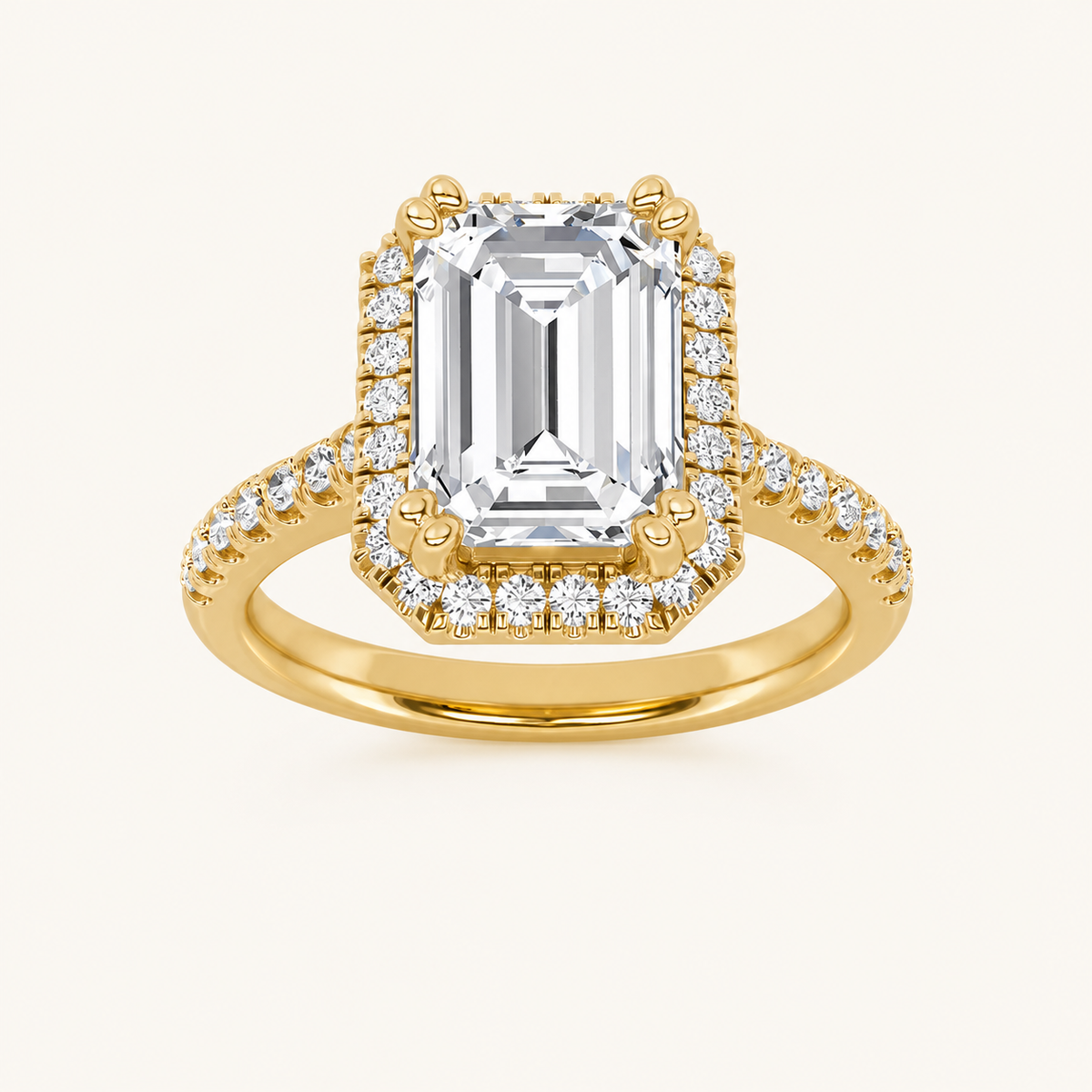 3CT Emerald Cut Lab Grown Diamond Halo Side Stone Ring