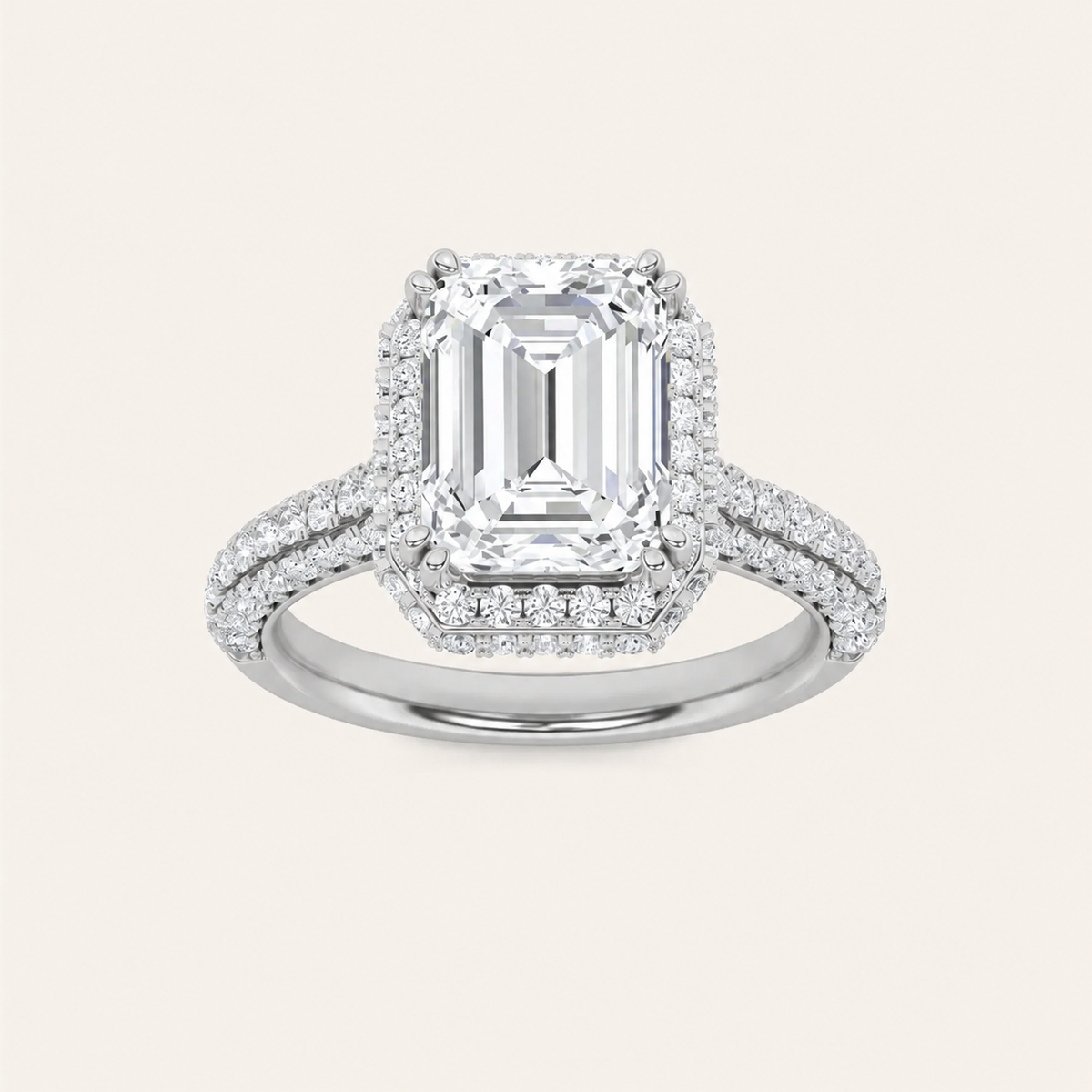 3CT Emerald Cut Lab Grown Diamond Halo Side Stone Ring