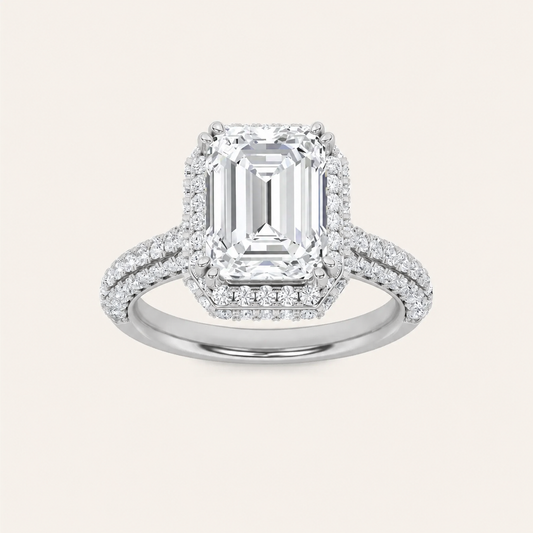 3CT Emerald Cut Lab Grown Diamond Halo Side Stone Ring