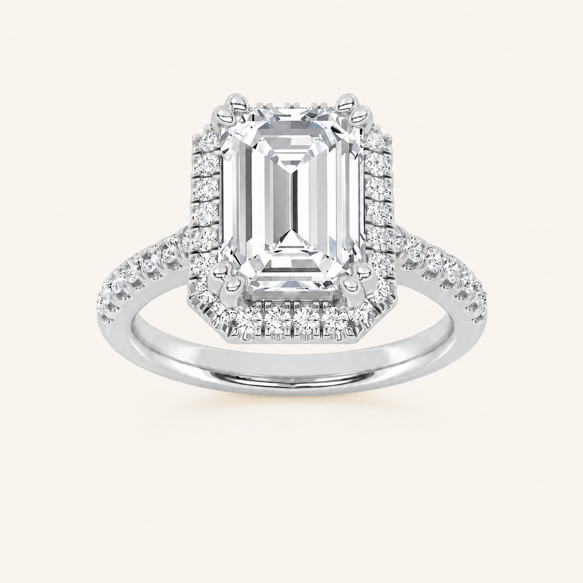 3CT Emerald Cut Lab Grown Diamond Halo Side Stone Ring