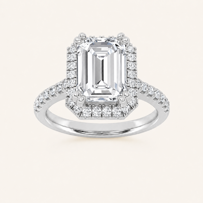 3CT Emerald Cut Lab Grown Diamond Halo Side Stone Ring