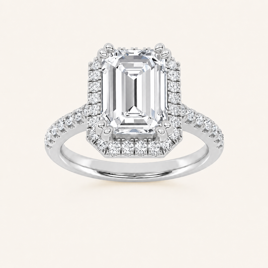 3CT Emerald Cut Lab Grown Diamond Halo Side Stone Ring