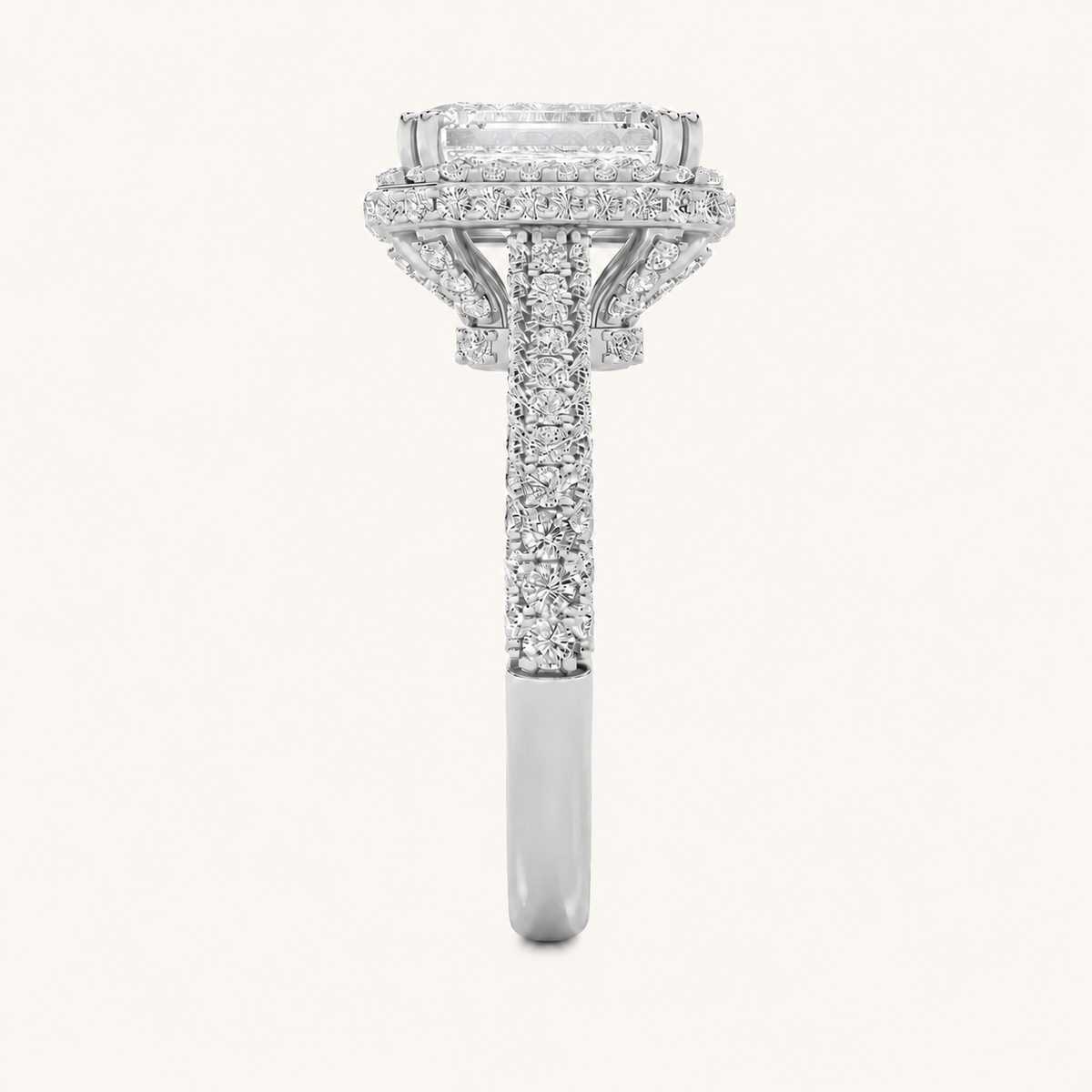 3CT Emerald Cut Lab Grown Diamond Halo Side Stone Ring