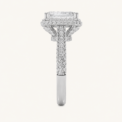 3CT Emerald Cut Lab Grown Diamond Halo Side Stone Ring