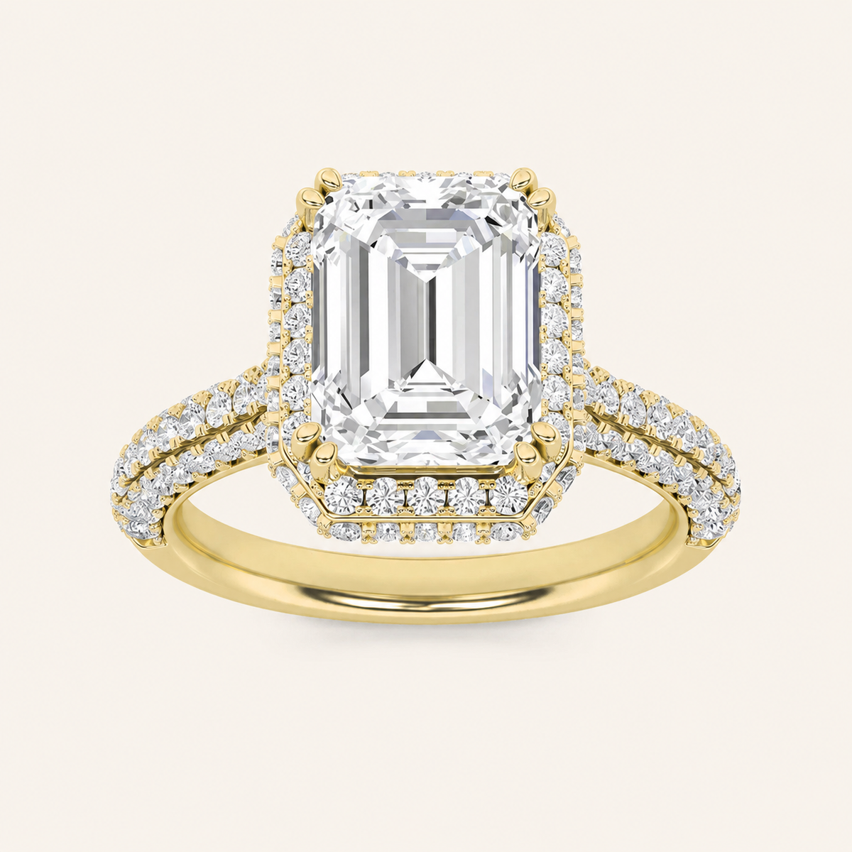 3CT Emerald Cut Lab Grown Diamond Halo Side Stone Ring