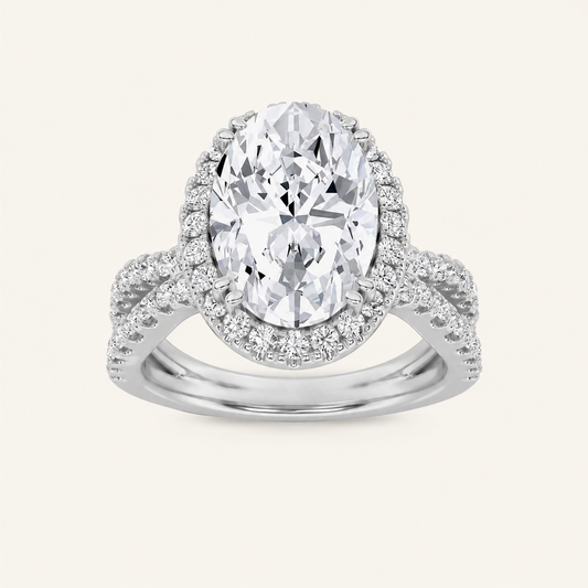 4CT Oval Cut Lab Grown Diamond Halo Side Stone Ring