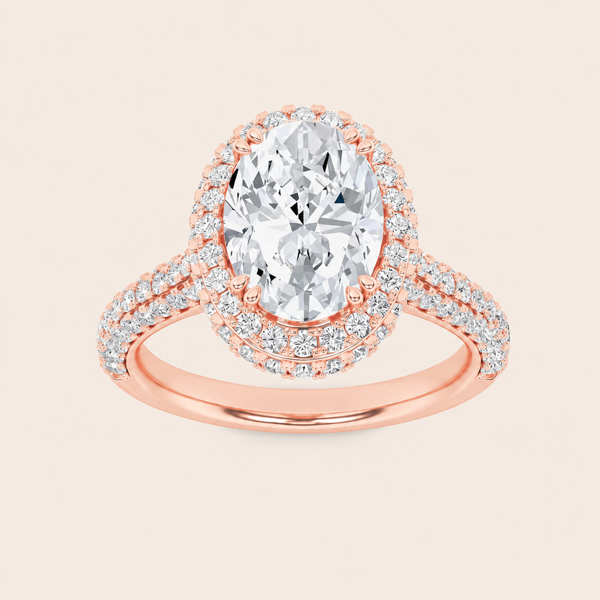 3CT Oval Cut Lab Grown Diamond Halo Side Stone Ring