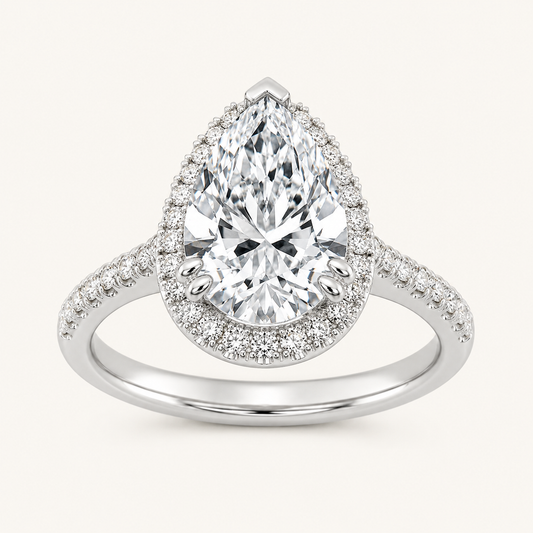 3CT Pear Cut Lab Grown Diamond Halo Side Stone Ring