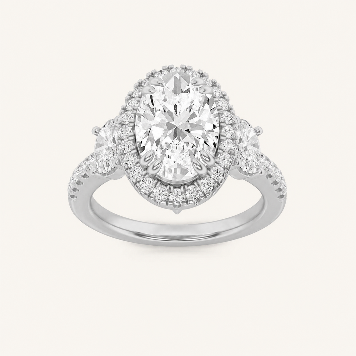 3CT Oval Cut Lab Grown Diamond Three Stone Halo Ring