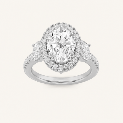 3CT Oval Cut Lab Grown Diamond Three Stone Halo Ring