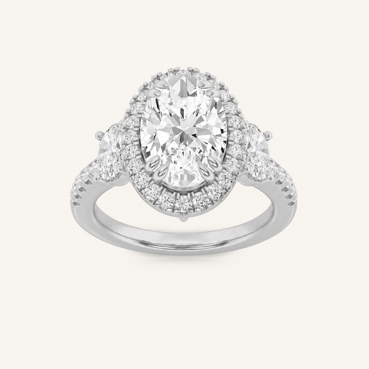 3CT Oval Cut Lab Grown Diamond Three Stone Halo Ring