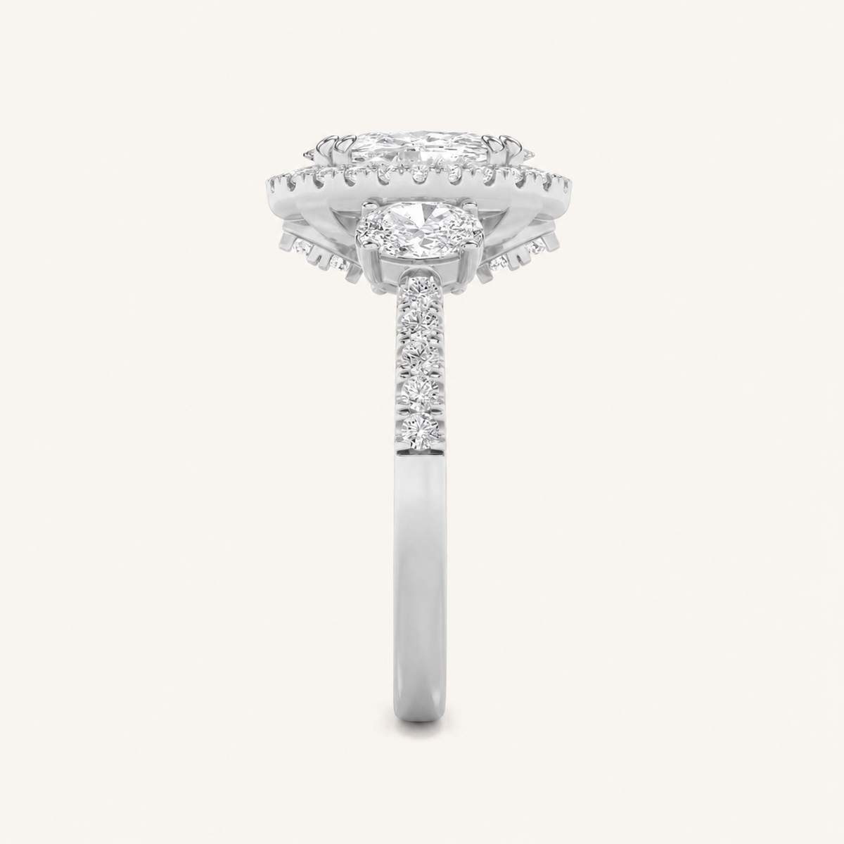 3CT Oval Cut Lab Grown Diamond Three Stone Halo Ring