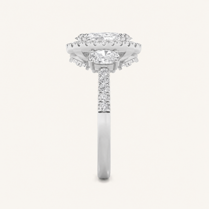 3CT Oval Cut Lab Grown Diamond Three Stone Halo Ring