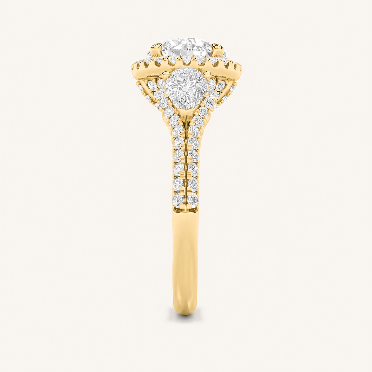 3CT Round Cut Lab Grown Diamond Three Stone Bold Halo Ring