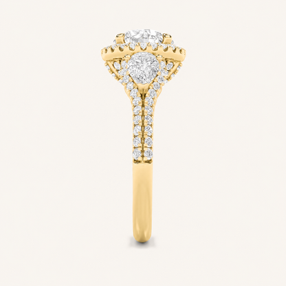 3CT Round Cut Lab Grown Diamond Three Stone Bold Halo Ring