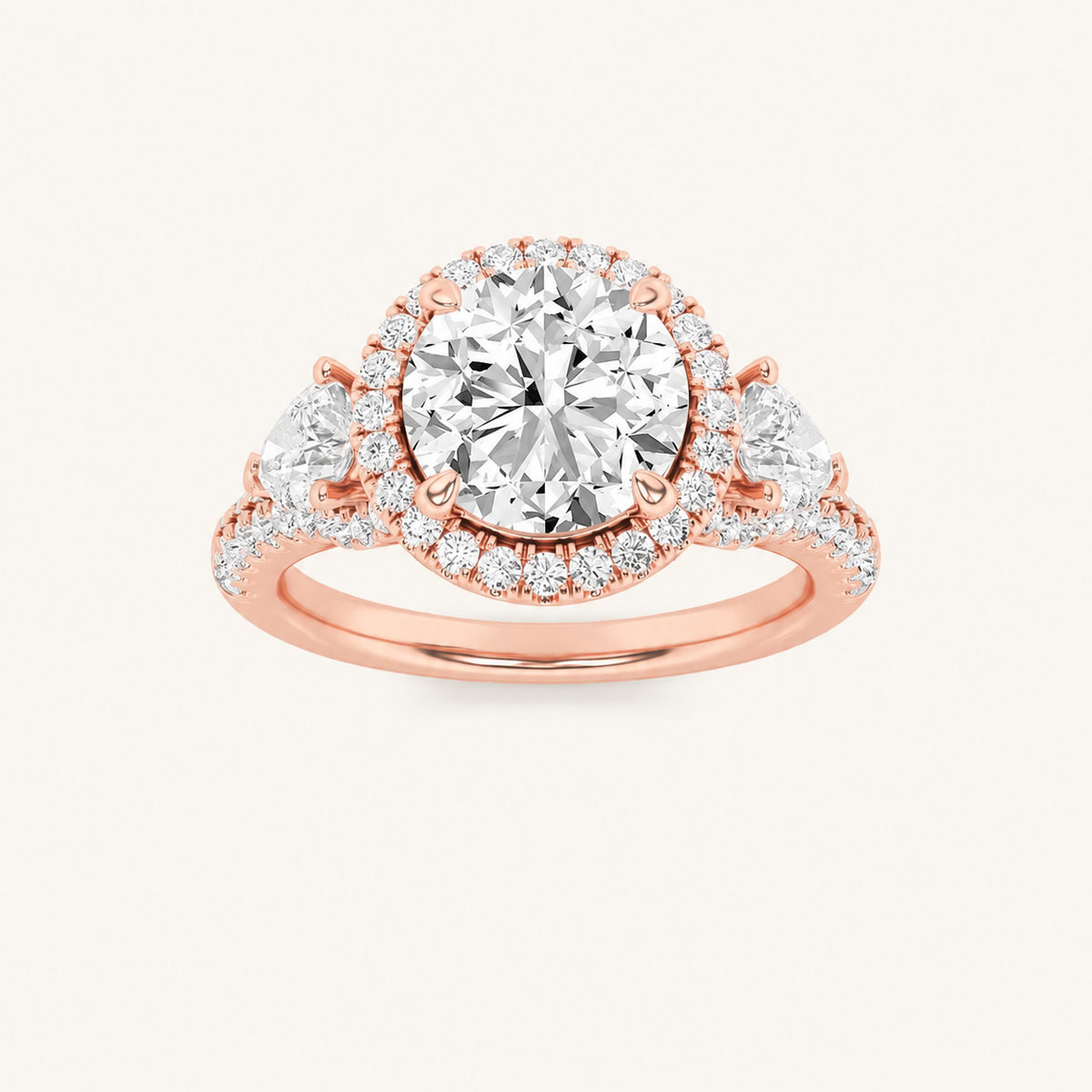 3CT Round Cut Lab Grown Diamond Three Stone Bold Halo Ring