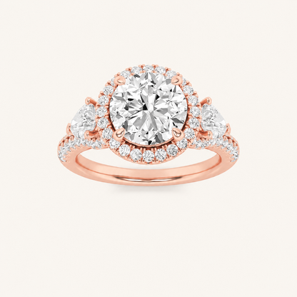 3CT Round Cut Lab Grown Diamond Three Stone Bold Halo Ring
