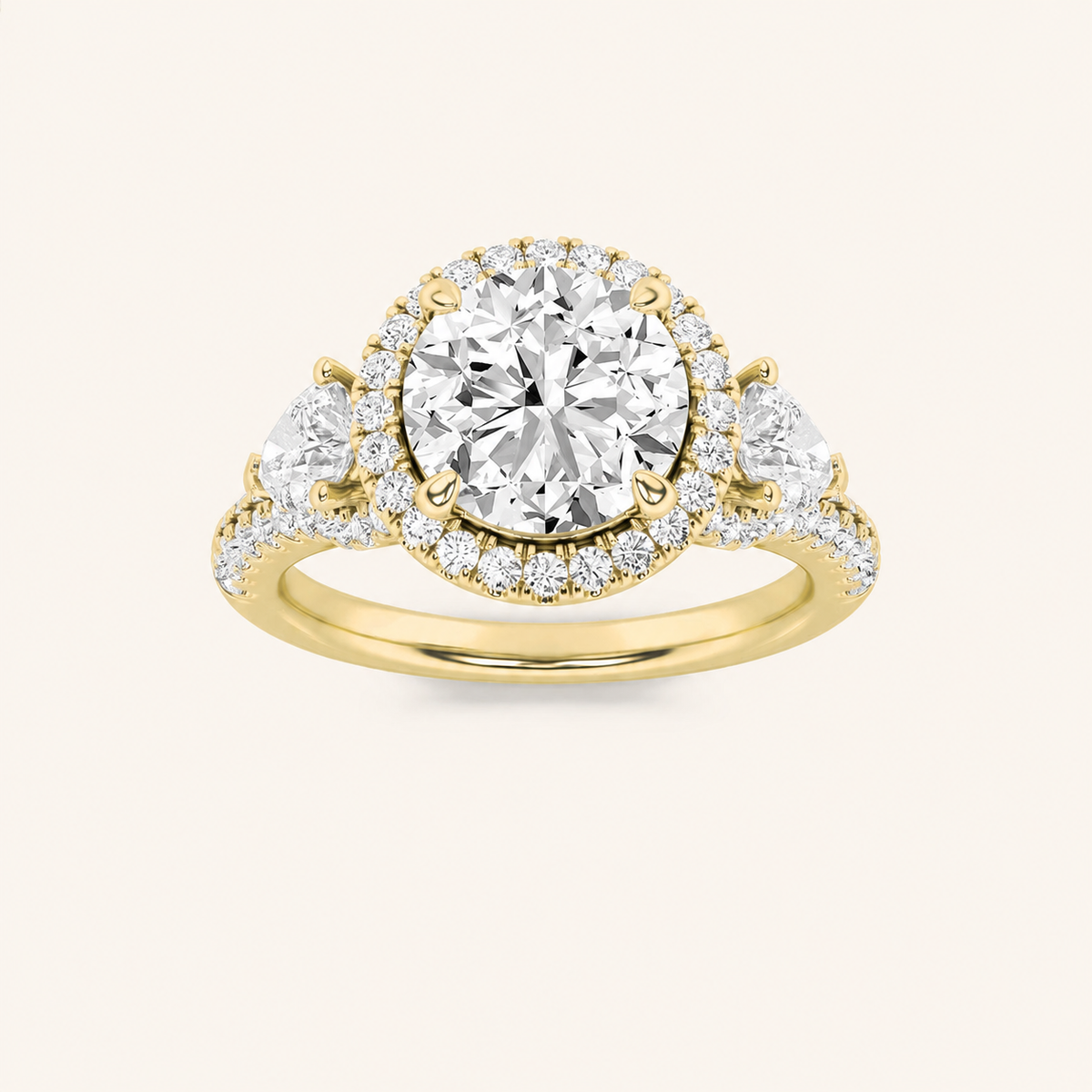 3CT Round Cut Lab Grown Diamond Three Stone Bold Halo Ring