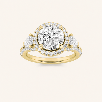 3CT Round Cut Lab Grown Diamond Three Stone Bold Halo Ring