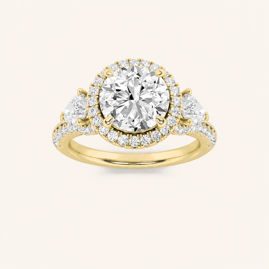 3CT Round Cut Lab Grown Diamond Three Stone Bold Halo Ring