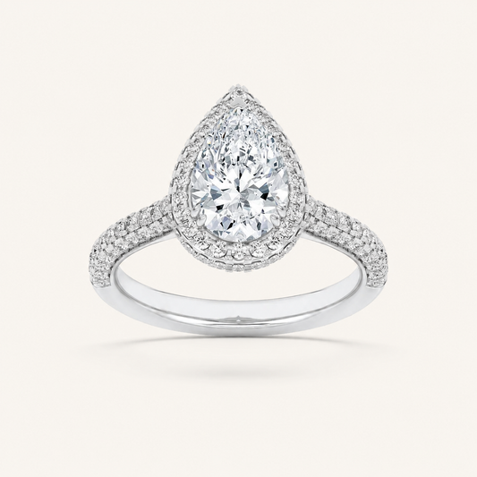3CT Pear Cut Lab Grown Diamond Halo Side Stone Ring