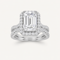 4CT Emerald Cut Lab Grown Diamond Split Shank Halo Side Stone Ring
