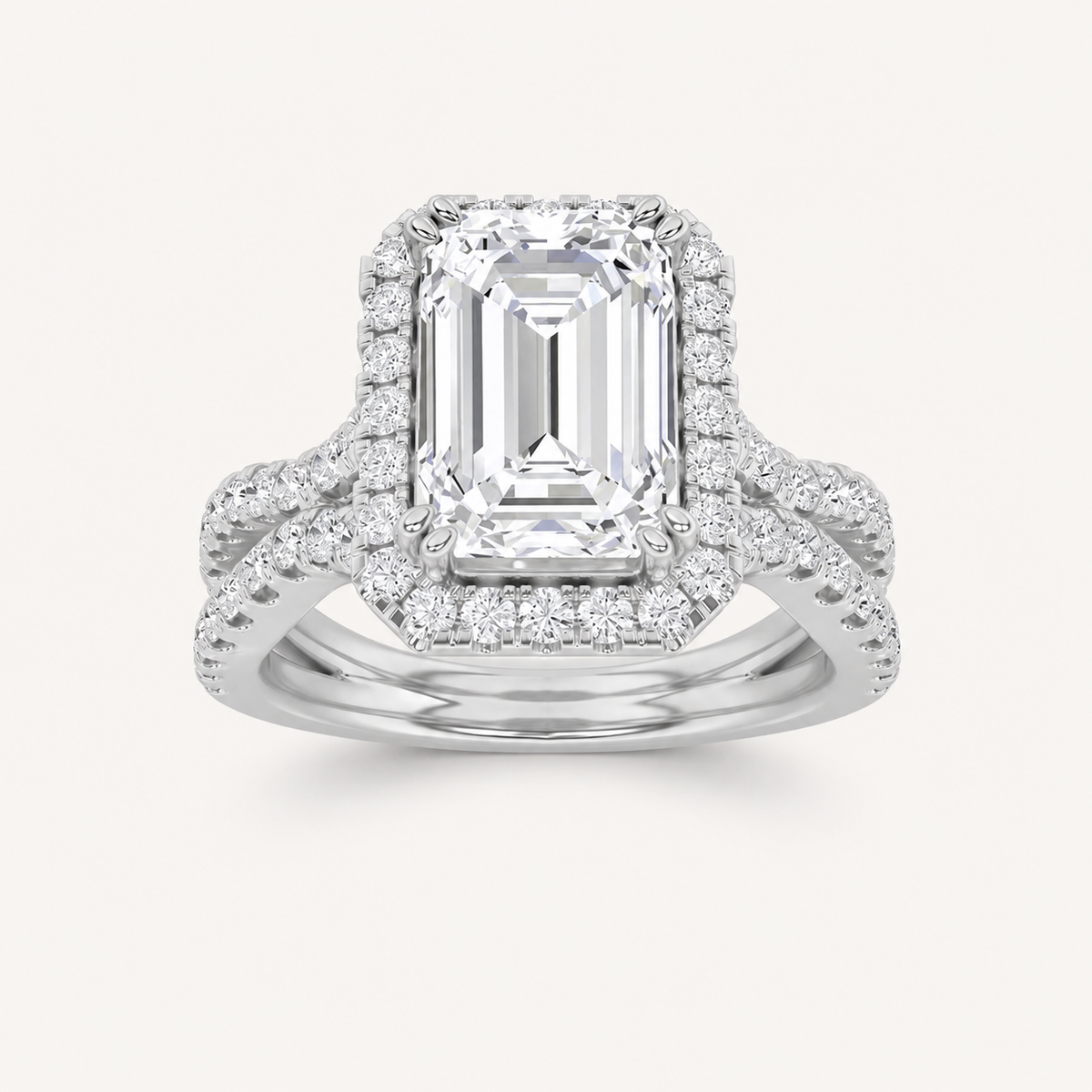 4CT Emerald Cut Lab Grown Diamond Split Shank Halo Side Stone Ring