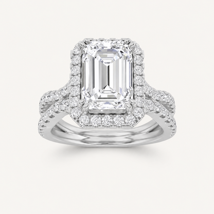 4CT Emerald Cut Lab Grown Diamond Split Shank Halo Side Stone Ring