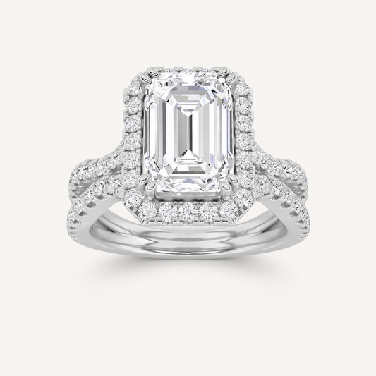 4CT Emerald Cut Lab Grown Diamond Split Shank Halo Side Stone Ring