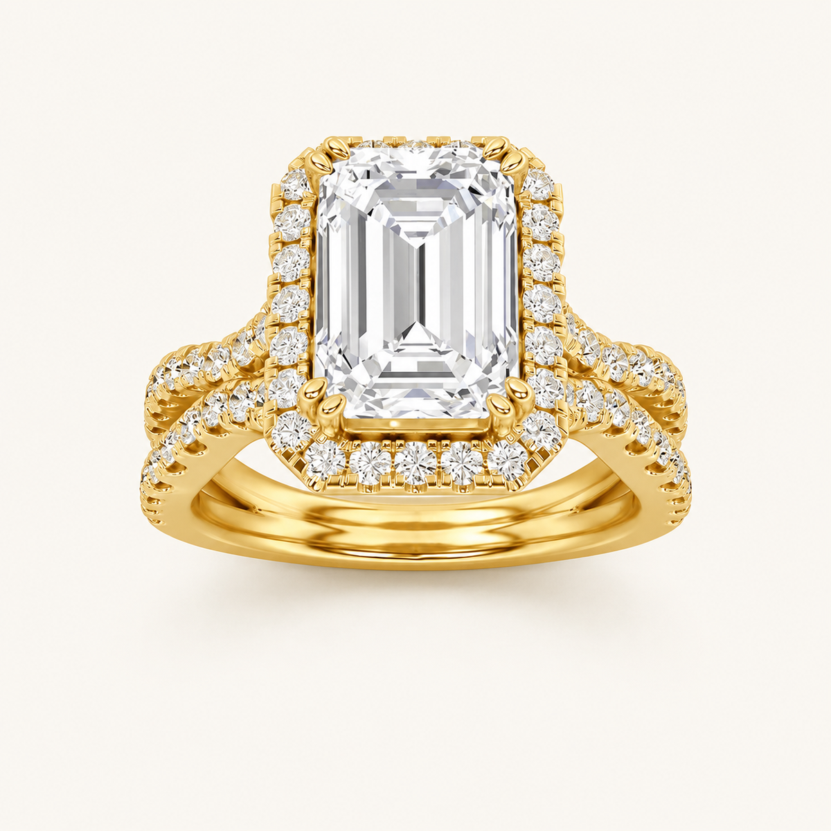 4CT Emerald Cut Lab Grown Diamond Split Shank Halo Side Stone Ring