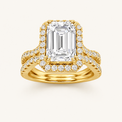 4CT Emerald Cut Lab Grown Diamond Split Shank Halo Side Stone Ring