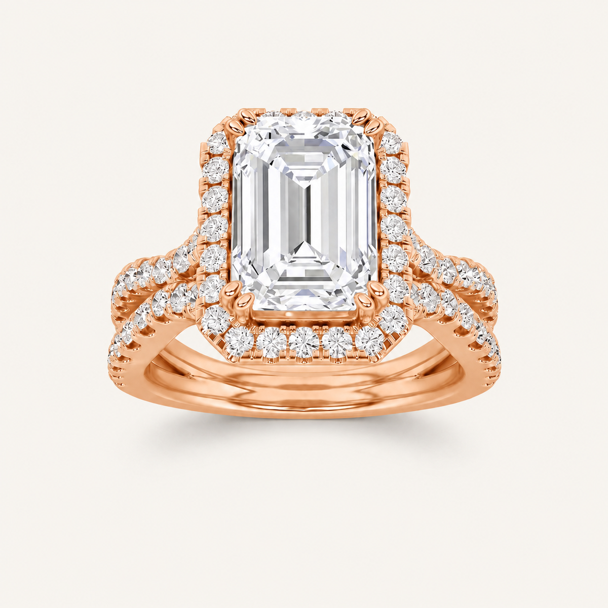 4CT Emerald Cut Lab Grown Diamond Split Shank Halo Side Stone Ring