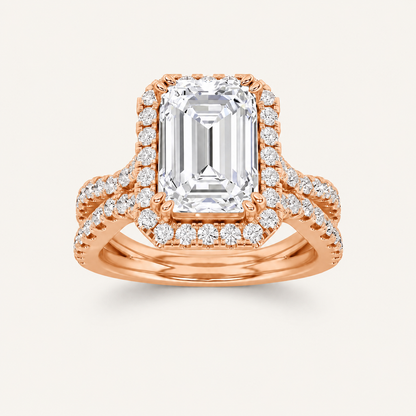 4CT Emerald Cut Lab Grown Diamond Split Shank Halo Side Stone Ring