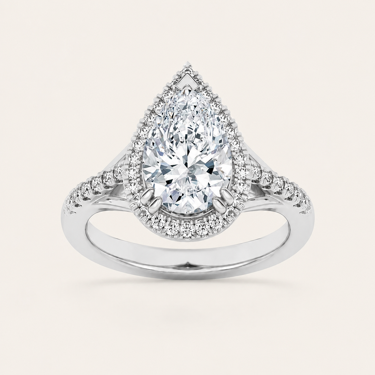 3CT Pear Cut Lab Grown Diamond Halo Side Stone Ring