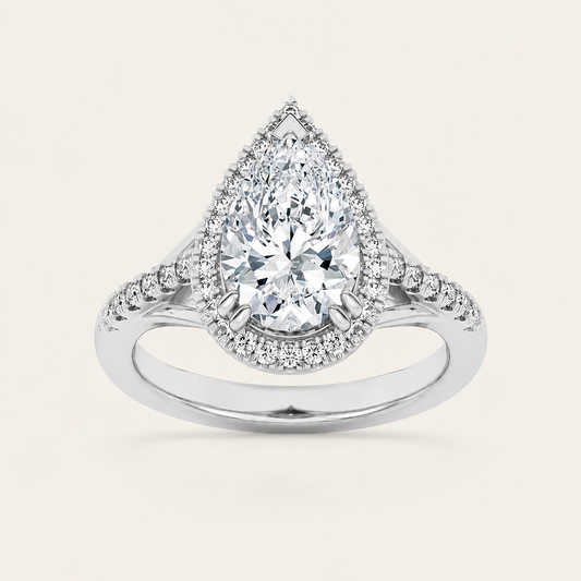 3CT Pear Cut Lab Grown Diamond Halo Side Stone Ring