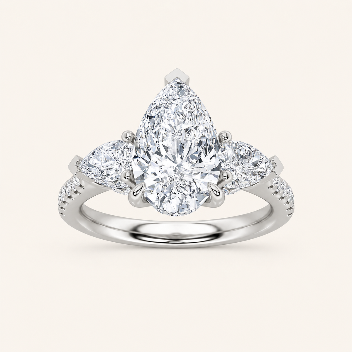 3CT Pear Cut Lab Grown Diamond Three Stone Side Stone Ring