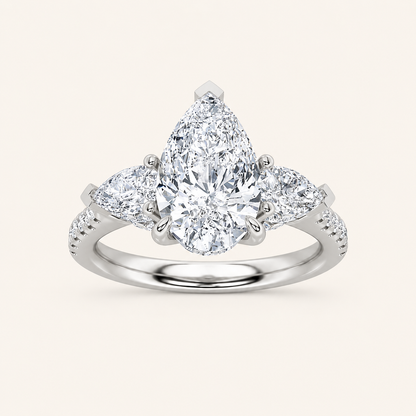 3CT Pear Cut Lab Grown Diamond Three Stone Side Stone Ring