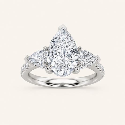3CT Pear Cut Lab Grown Diamond Three Stone Side Stone Ring