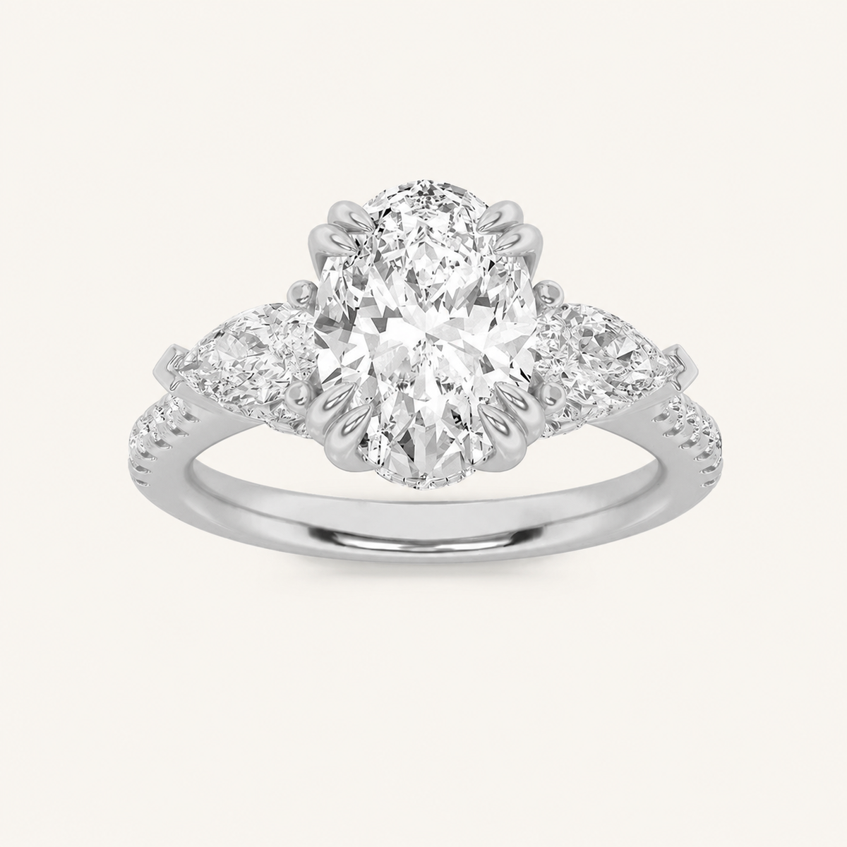 3CT Oval Cut Lab Grown Diamond Three Stone Side Stone Ring