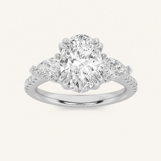 3CT Oval Cut Lab Grown Diamond Three Stone Side Stone Ring