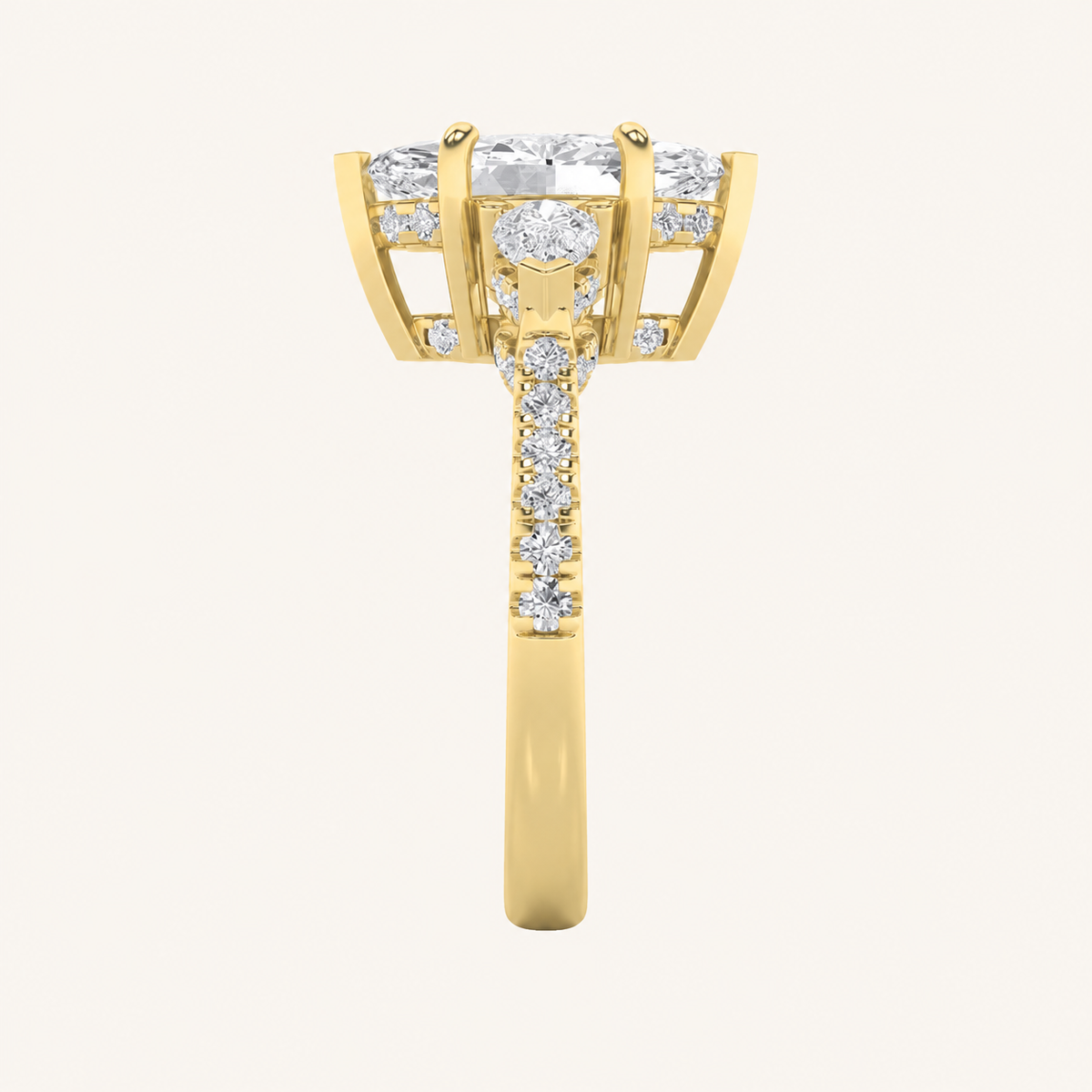 3CT Marquise Cut Lab Grown Diamond Three Stone Side Stone Ring